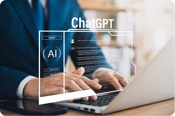 Person typing on a laptop with a translucent ChatGPT interface showing AI chat options.