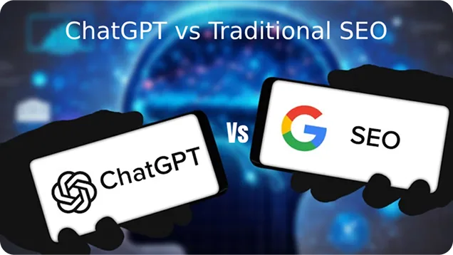 Two hands holding phones showing ChatGPT logo versus Google SEO icon against blue tech background.
