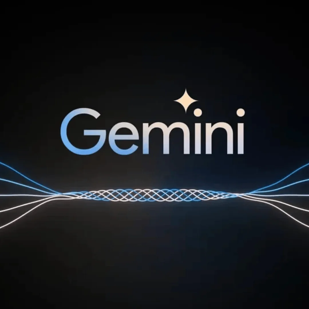 The word Gemini with two shining stars above and intertwining blue and white lines below it on black background.