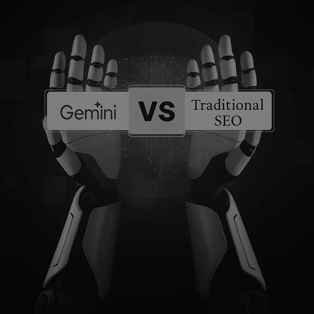 Robot hands holding a sign reading Gemini vs Traditional SEO with circuit board background.