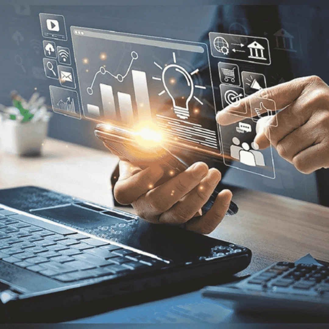 Hand holding smartphone with glowing screen and digital icons like graphs, light bulb, and social symbols.