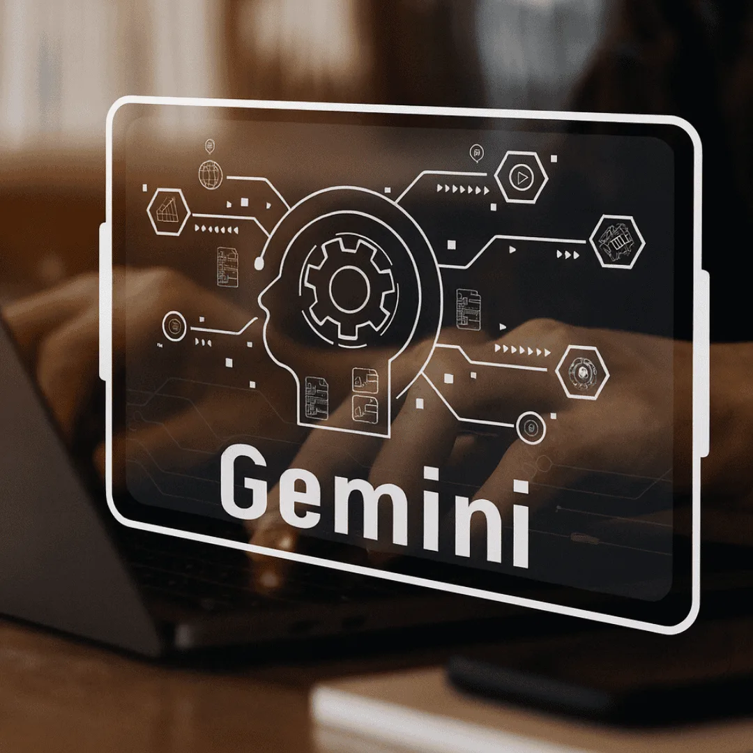 Holographic digital interface showing a head with a gear and connected icons above the word Gemini.