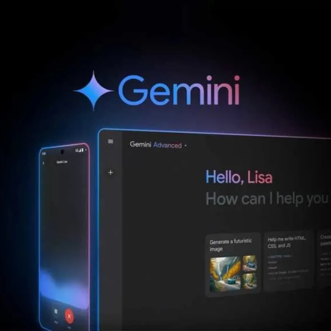 Gemini AI interface on devices showing a greeting, chat prompt, and futuristic image generation preview.