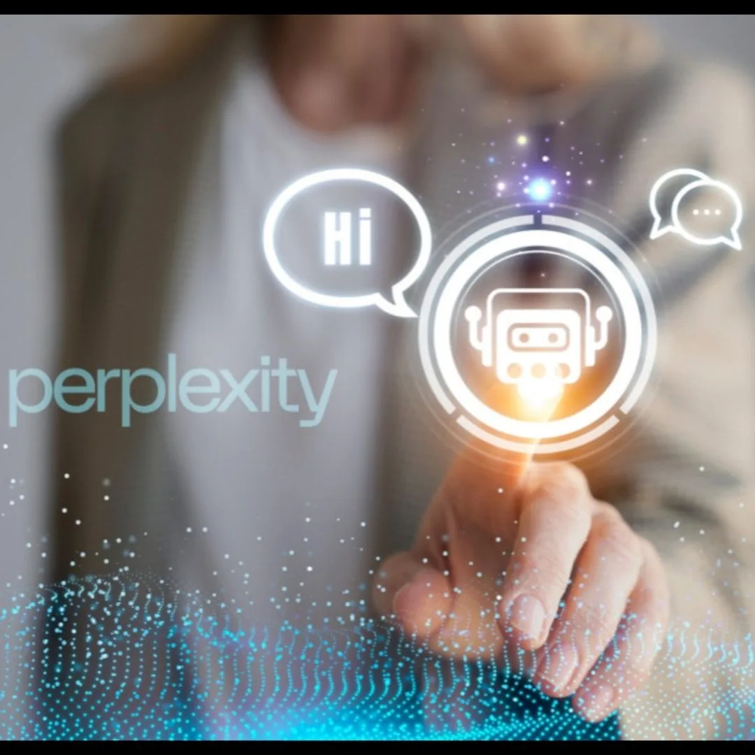 Person pointing at a glowing chatbot icon with speech bubbles and the word perplexity nearby.