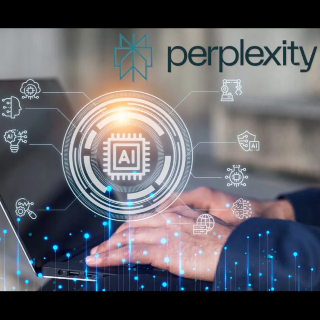 Hands typing on a laptop keyboard with AI and technology icons and the Perplexity logo above.