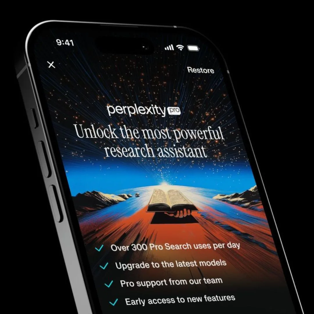 Phone screen showing Perplexity Pro ad with benefits like 300 searches, latest models, support, and new features.