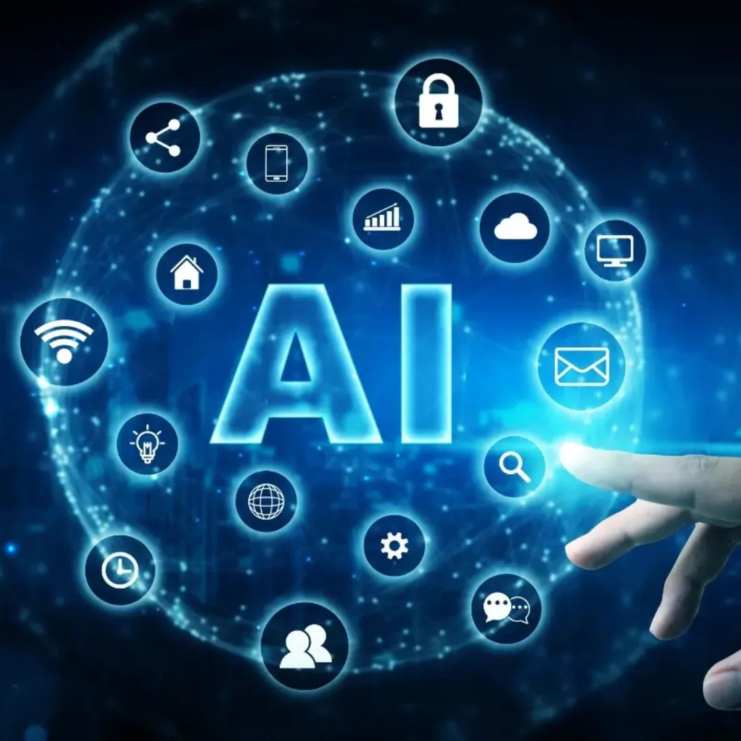 Glowing AI text with digital icons around it and a hand pointing at a bright magnifying glass icon.