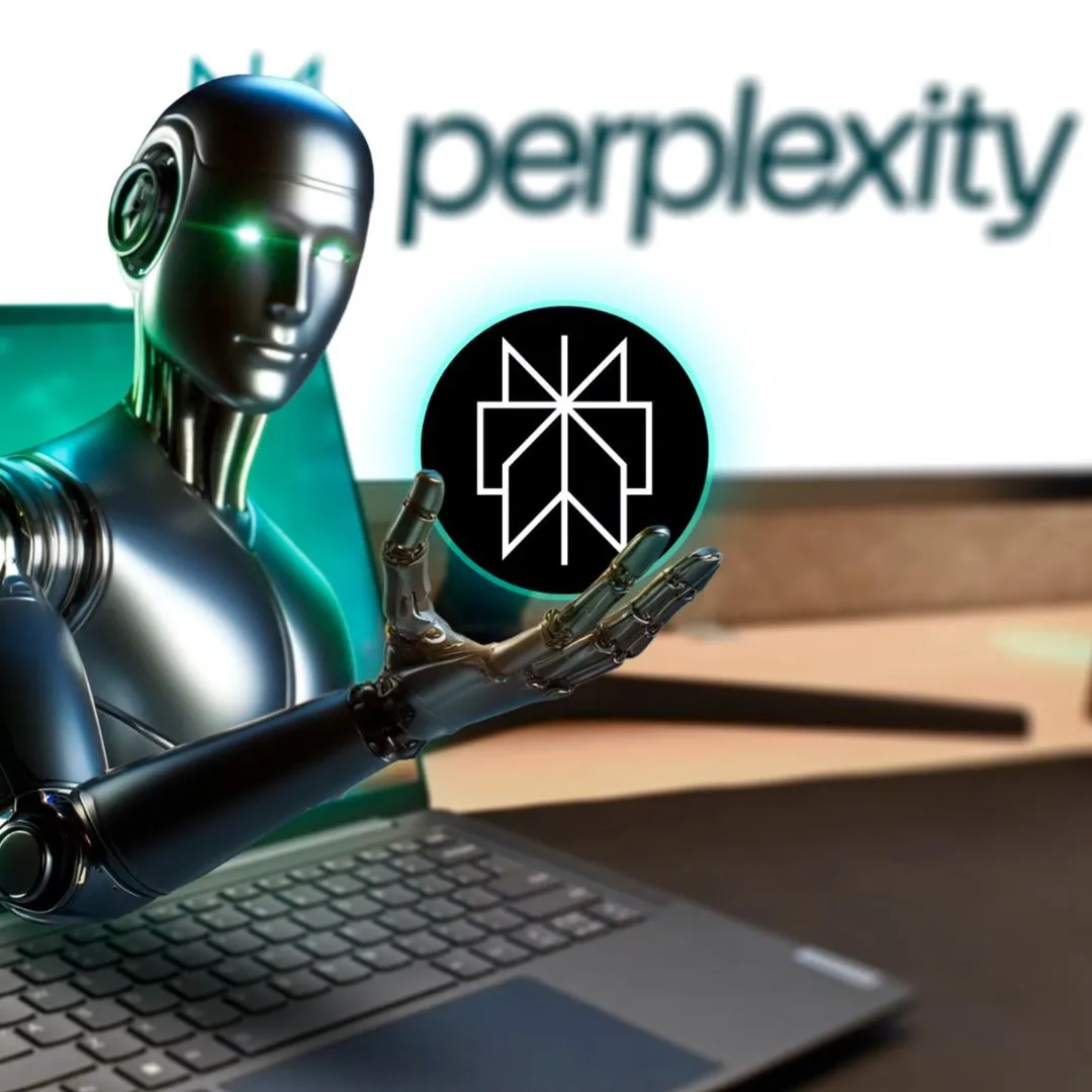 Metallic robot with glowing eyes emerging from a laptop keyboard, holding a glowing Perplexity logo.