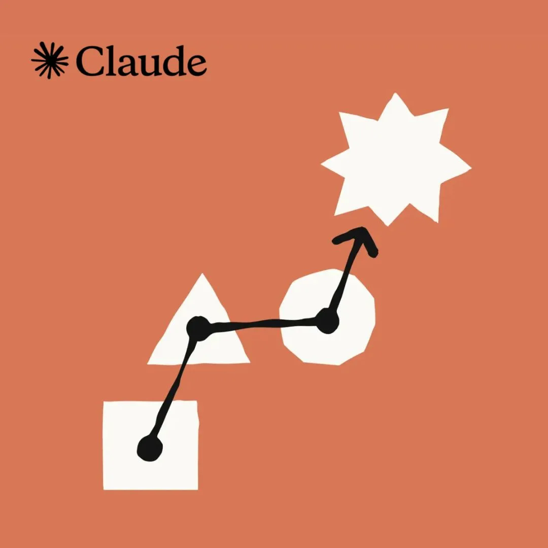 Claude logo with shapes connected by an arrow showing growth, on a terracotta background.
