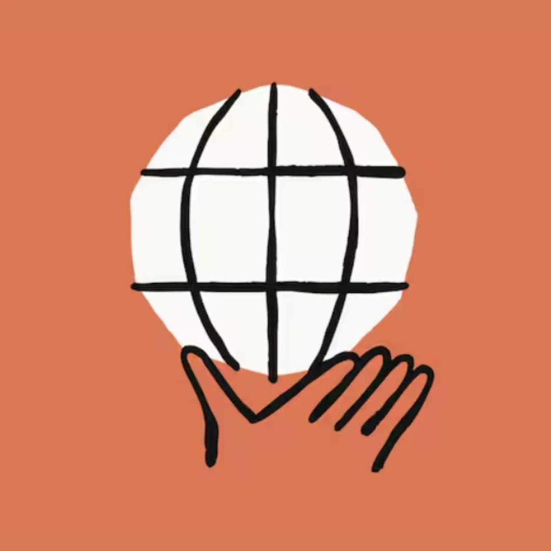 Hand holding a stylized globe with grid lines on an orange background.