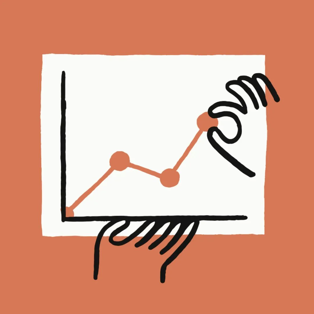 Illustration of hands holding a line chart with upward trend points on a white chart against brown background.
