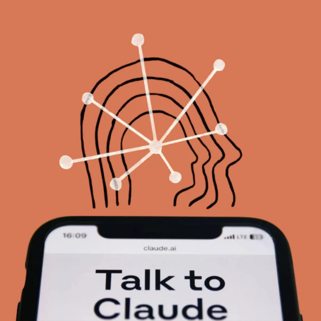 Smartphone screen reading 'Talk to Claude' with abstract neural network above on rust background.