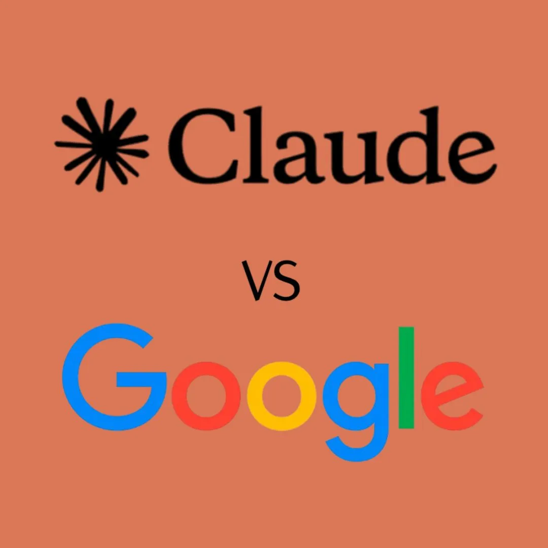Text showing Claude logo and Google logo with 'vs' in between on an orange background.