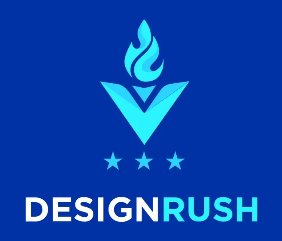 DesignRush logo with a stylized flame above a V shape and three stars on a blue background.