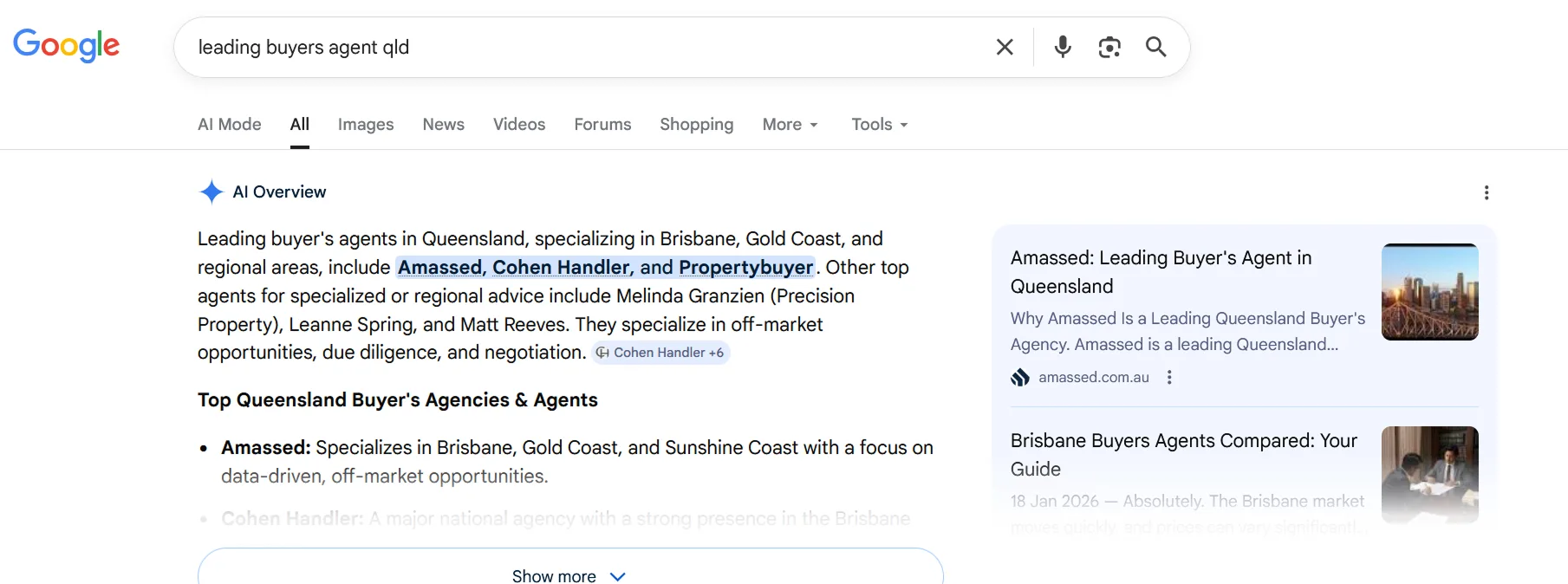 Google search results for leading buyers agent QLD listing top agencies including Amassed with details and links.
