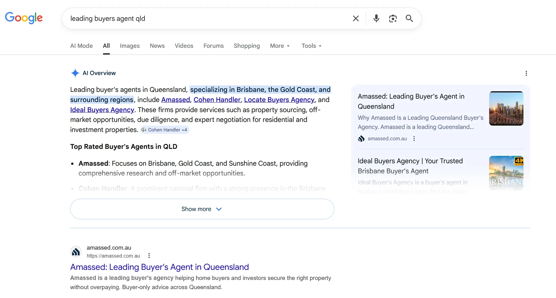 Google search results for leading buyers agent QLD showing Amassed and other agencies in Brisbane and Gold Coast.