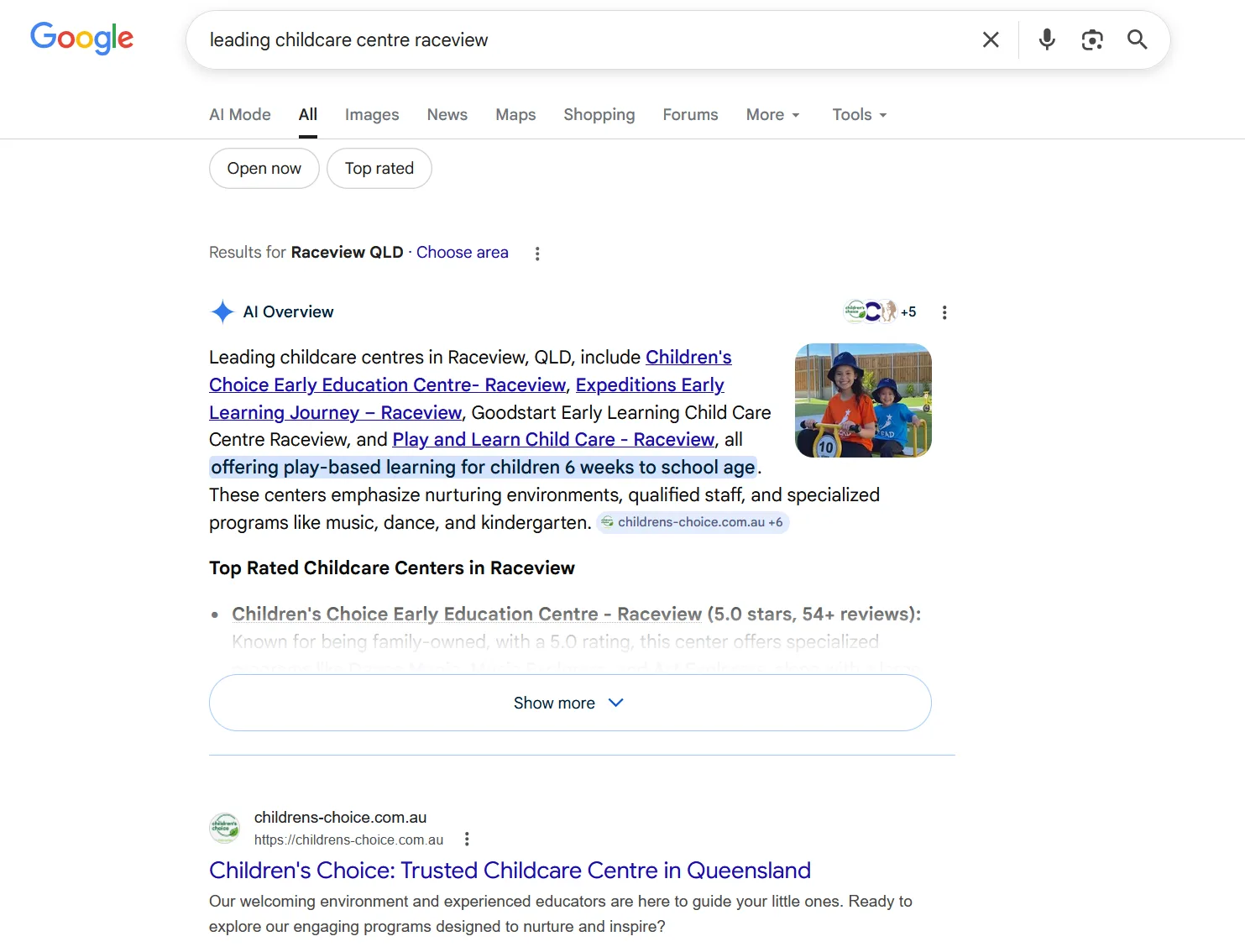 Google search showing leading childcare centres in Raceview, QLD with a photo of two kids on a toy bike.