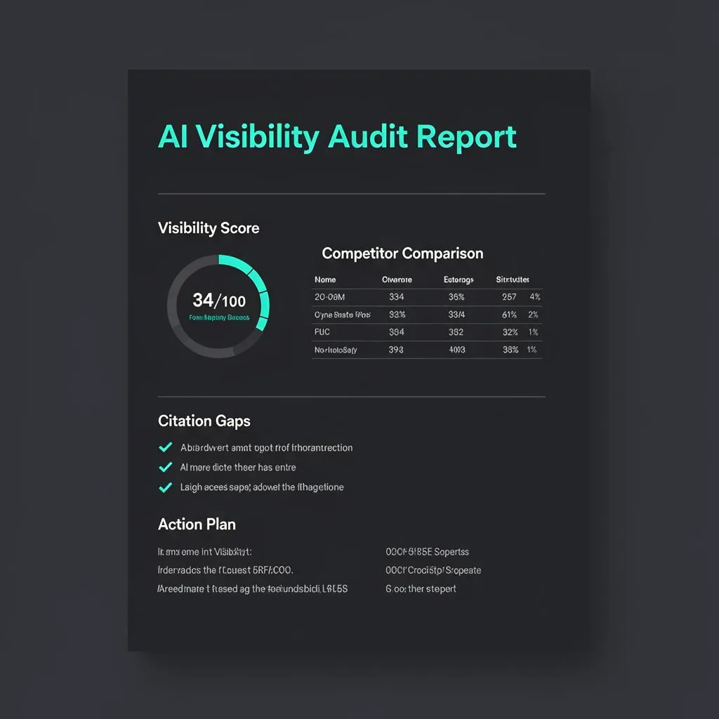 AI Visibility Audit Report with a 34/100 visibility score, competitor comparison, citation gaps, and action plan.