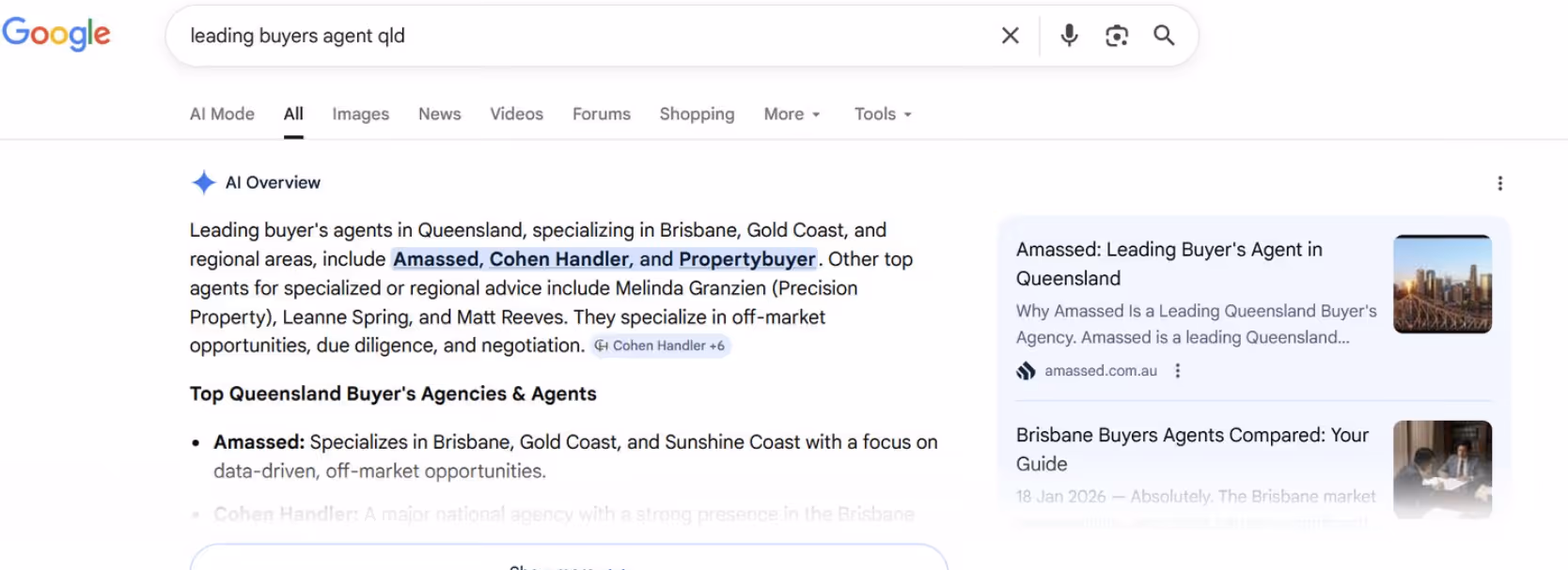 Google AI Overview highlighting Amassed as a leading buyer's agent in Queensland for the search 'leading buyers agent qld'
