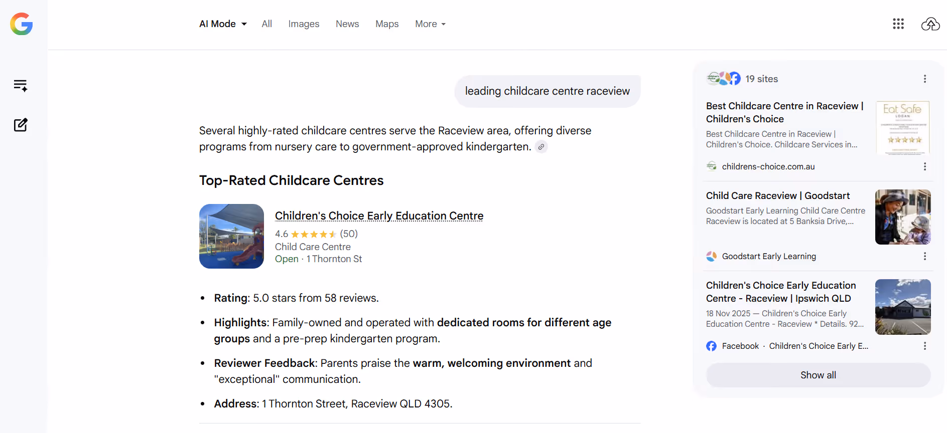Google search results listing top-rated Children's Choice Early Education Centre in Raceview with ratings and details.