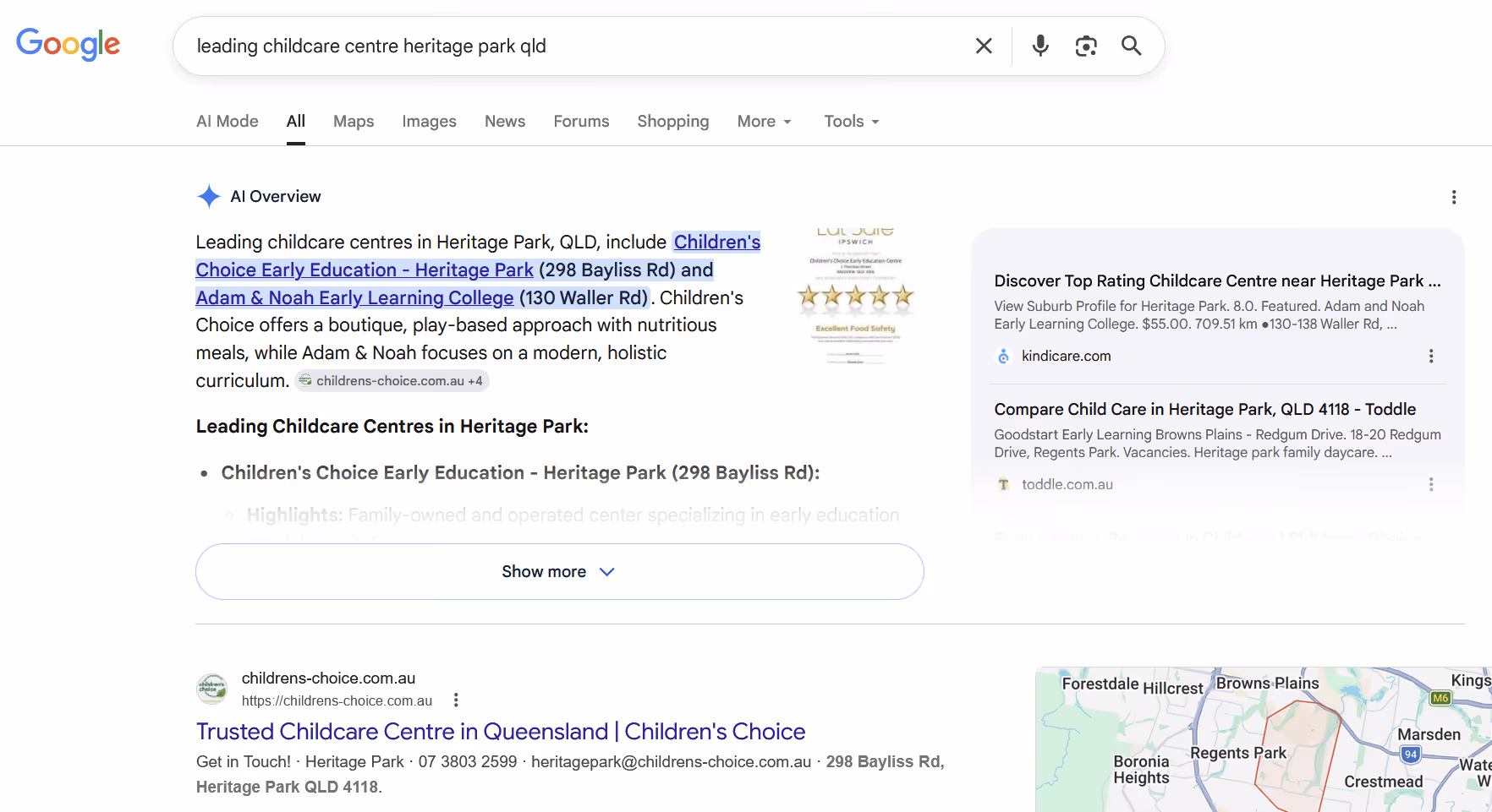 Google search results for leading childcare centres in Heritage Park, QLD, showing links and map section.