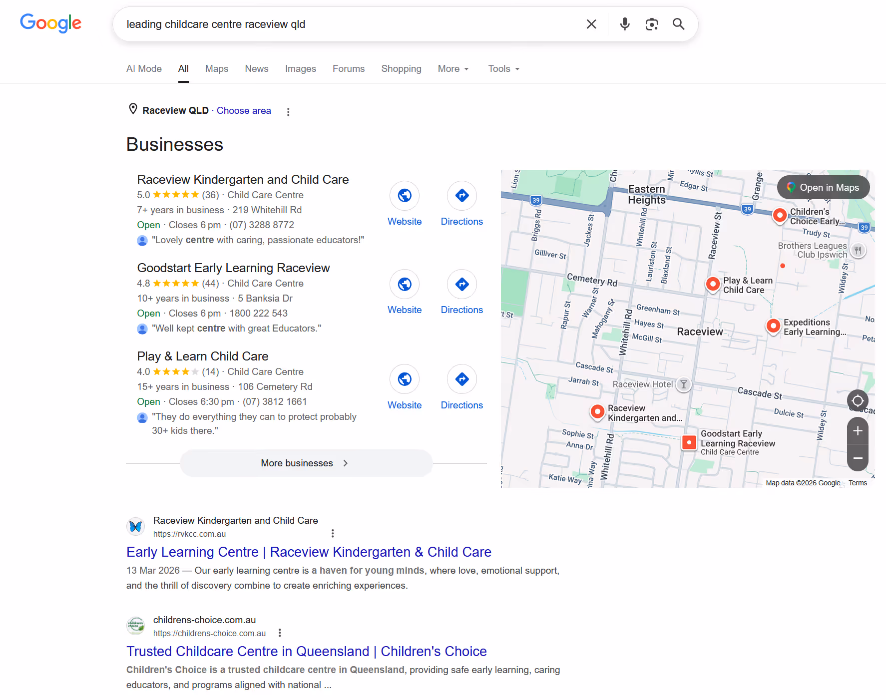 Google search for leading childcare centres in Raceview QLD with business listings and map locations.