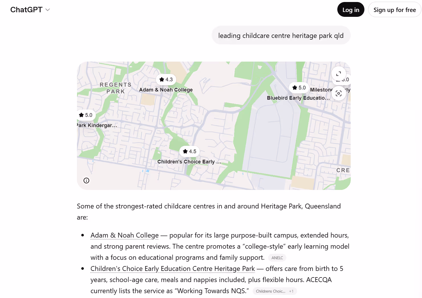 Map showing top-rated childcare centers around Heritage Park, Queensland, with ratings from 4.3 to 5.0 stars.