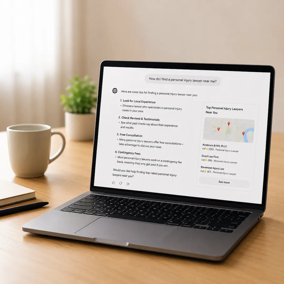 Laptop displaying an AI search interface recommending personal injury lawyers, placed on a clean modern desk with a coffee mug and plant, illustrating law firm visibility in ChatGPT and AI search.