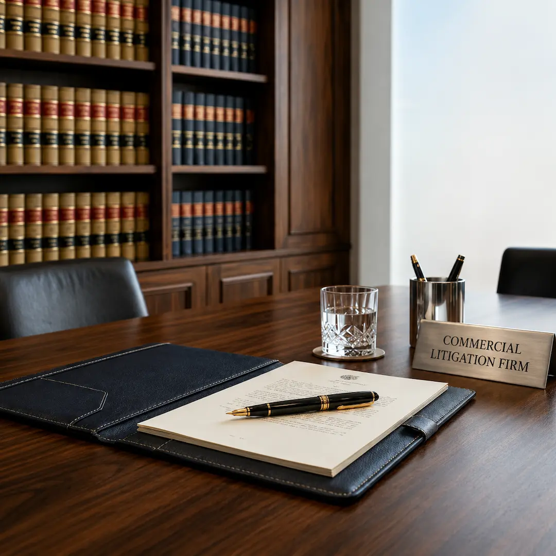 Professional commercial litigation boardroom featuring legal case documents, a fountain pen, law library shelves, and a firm meeting table prepared for a high-stakes business dispute consultation.