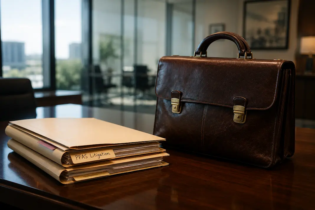 Leather briefcase beside PFAS litigation case files in a modern law office, illustrating mass tort legal practice, case volume, and authority signals used by AI search engines to recommend law firms.