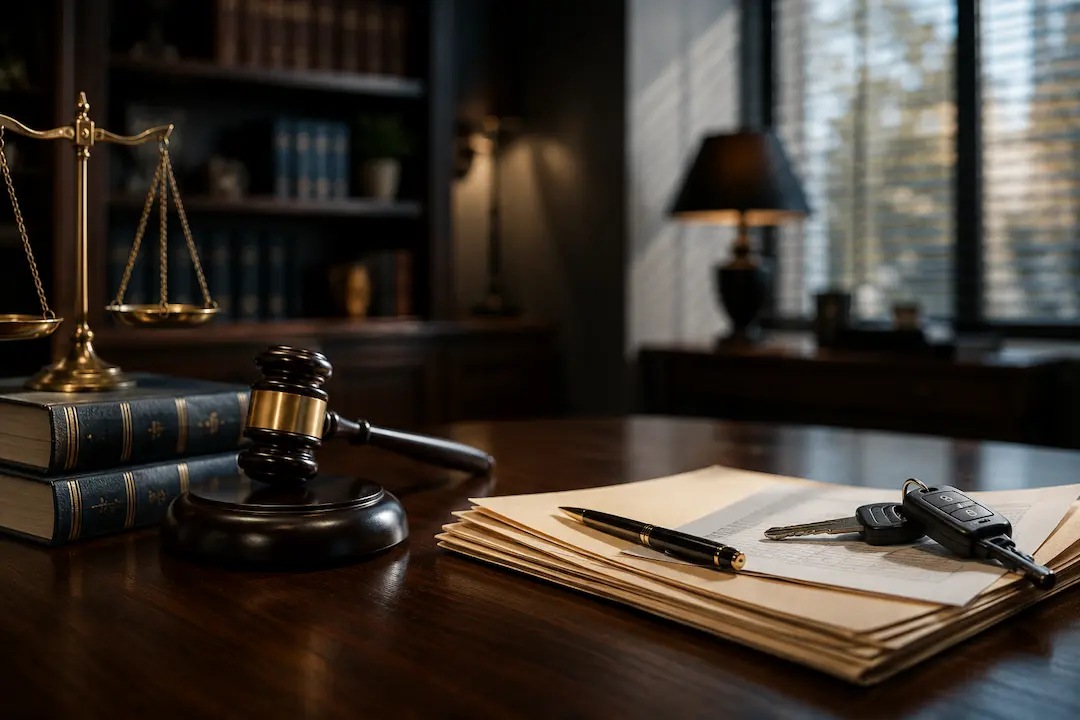 Realistic law office desk with a judge's gavel, scales of justice, legal documents, and car keys representing DUI law, AI-powered legal search visibility, and local search optimization.