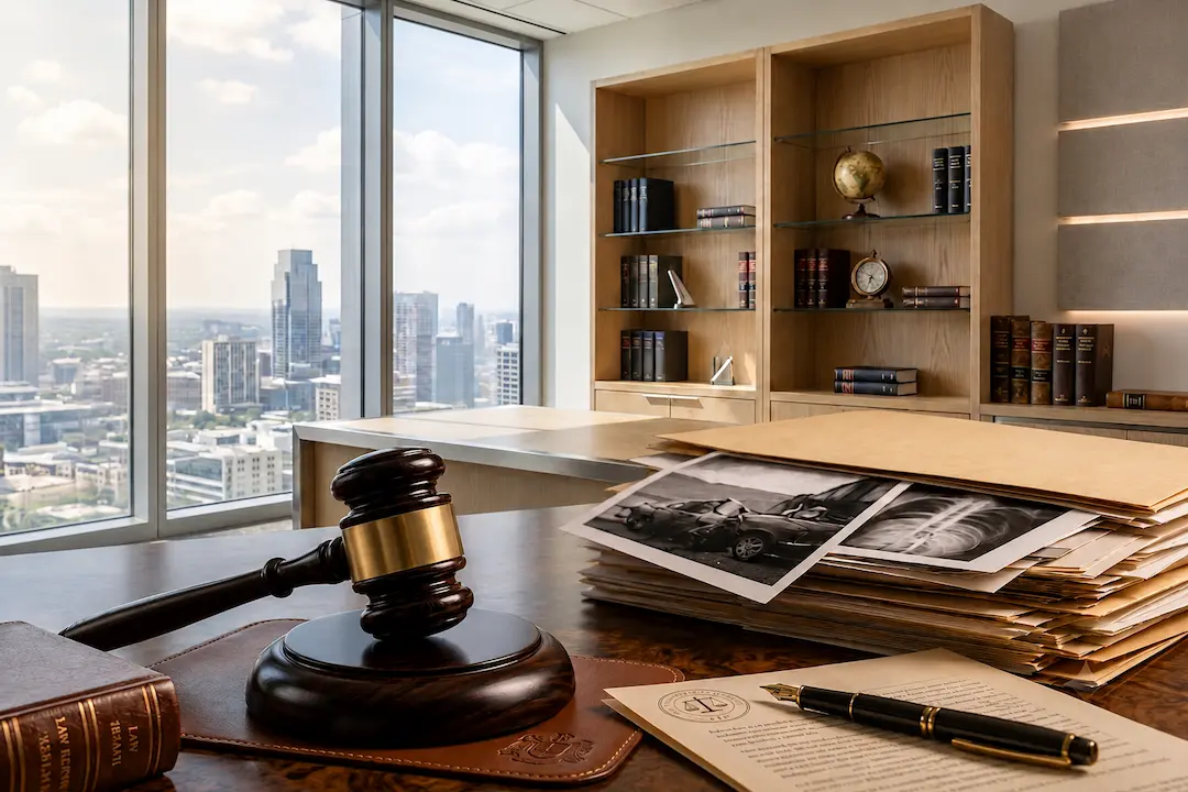 Judge's gavel beside personal injury case files with printed accident evidence photos on a desk inside a modern law office overlooking a city skyline.