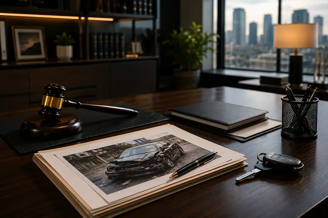 Modern law office with a judge's gavel, accident case file featuring a damaged vehicle photo, legal documents, and car keys, representing AI SEO, Answer Engine Optimization (AEO), and Generative Engine Optimization (GEO) services for car accident lawyers in the USA.