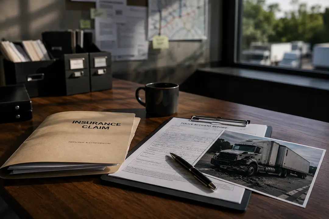 Realistic truck accident case investigation workspace featuring an insurance claim folder, police accident report, damaged semi-truck photograph, and legal case documents on a wooden desk inside a modern claims review office.