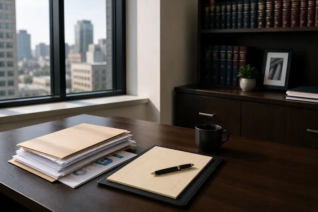 Realistic modern digital marketing office with a clean executive desk, organized client documents, and a city skyline view, representing how law firms improve their online visibility across AI-powered search assistants in 2026.