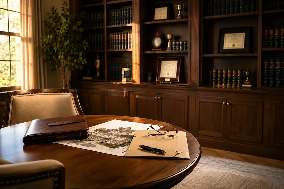 Realistic estate planning law office featuring a refined library, attorney credentials, legal reference books, and estate planning documents, representing the trust, authority, and expertise that help estate planning lawyers gain visibility in Google AI and ChatGPT.