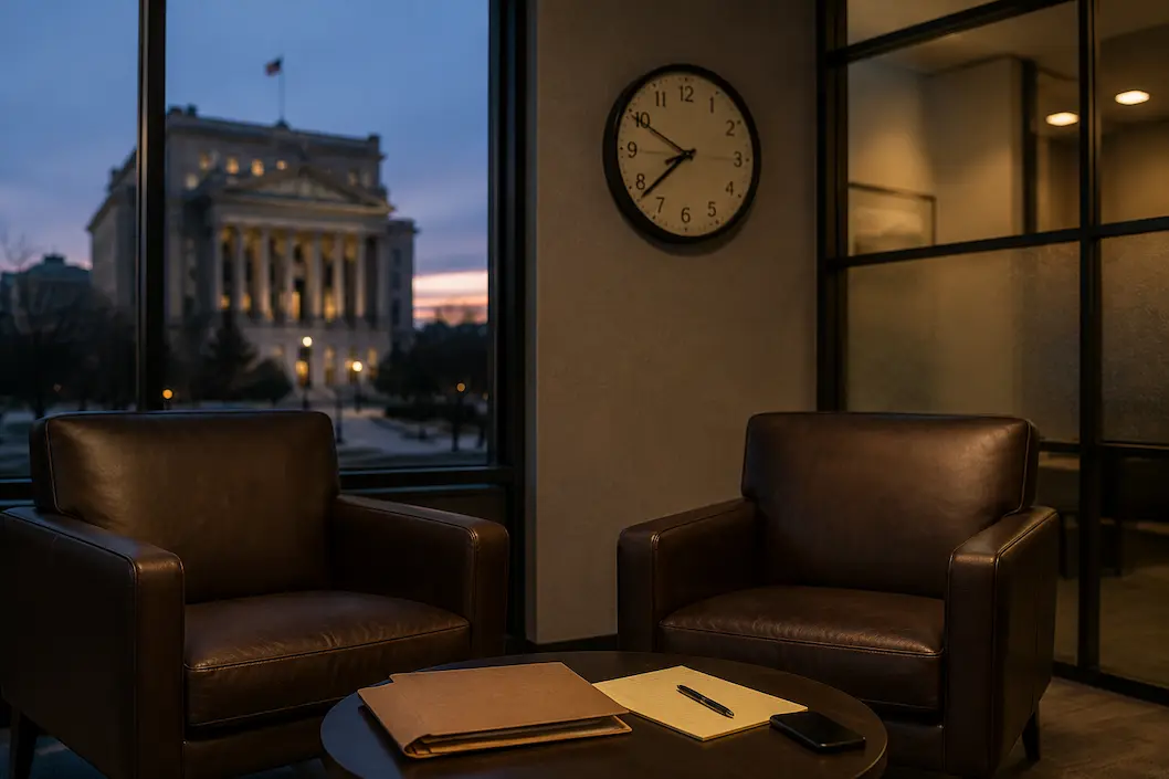 Modern criminal defense law office consultation area with leather chairs, legal case folder, notepad, and a courthouse visible through the window, representing trust, authority, and high-intent client visibility for criminal defense attorneys.