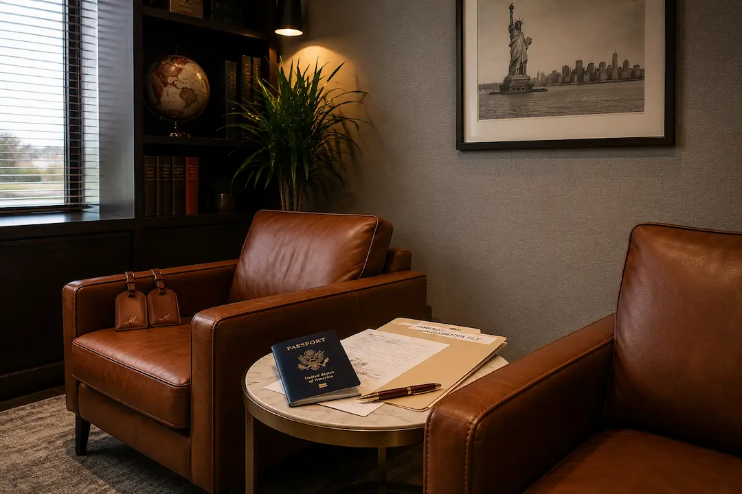 Modern immigration law office waiting area with leather chairs, a passport, immigration documents, and a framed Statue of Liberty photograph, representing trusted legal guidance for U.S. immigration services.