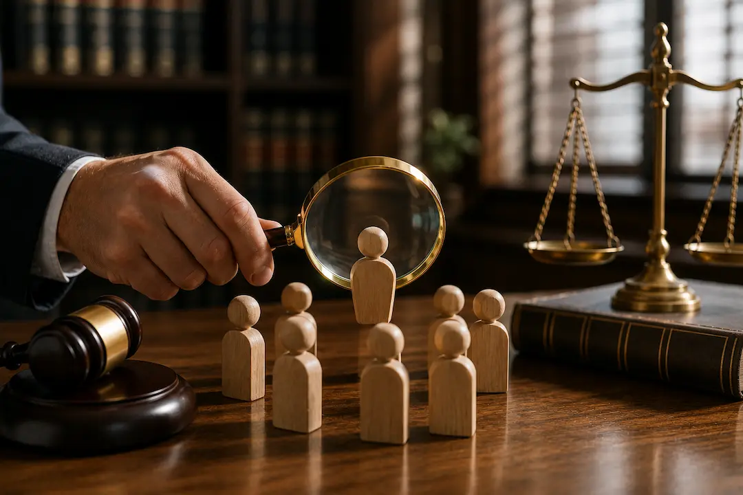 Magnifying glass highlighting a client figure in a law office, representing AI SEO for lawyers and how legal clients search for attorneys.