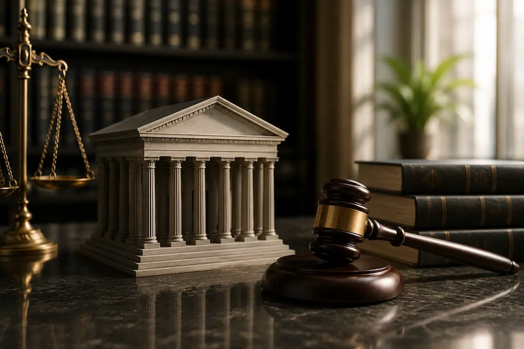 Courthouse model, judge's gavel, and scales of justice representing AI SEO, AEO, and GEO services for law firms in the USA.