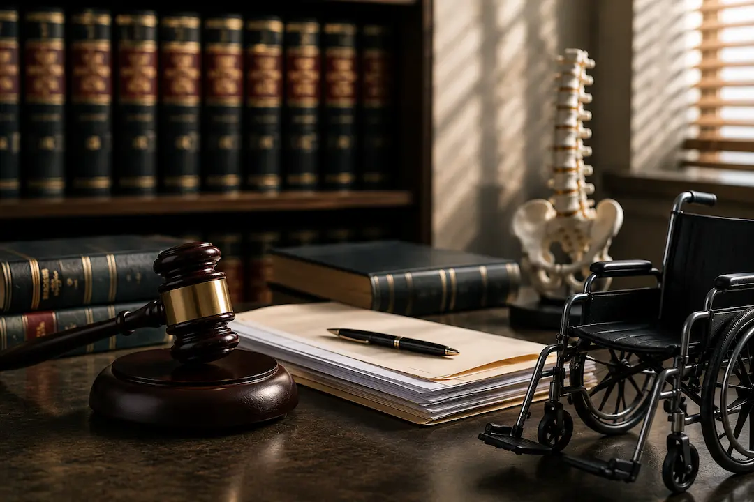 "Judge's gavel, legal case files, wheelchair, and spine model representing catastrophic injury lawyers and AI search visibility on ChatGPT and Google AI."