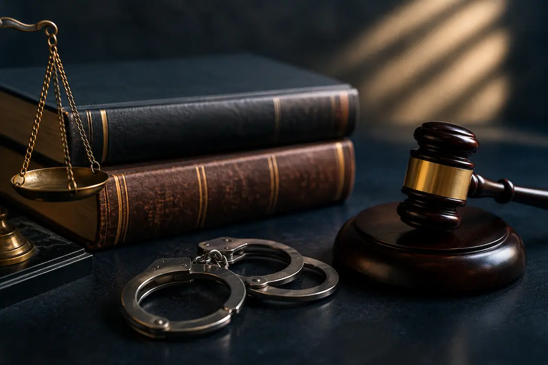Judge's gavel, handcuffs, legal books, and scales of justice representing criminal defense lawyers and AI search visibility on ChatGPT and Google AI.