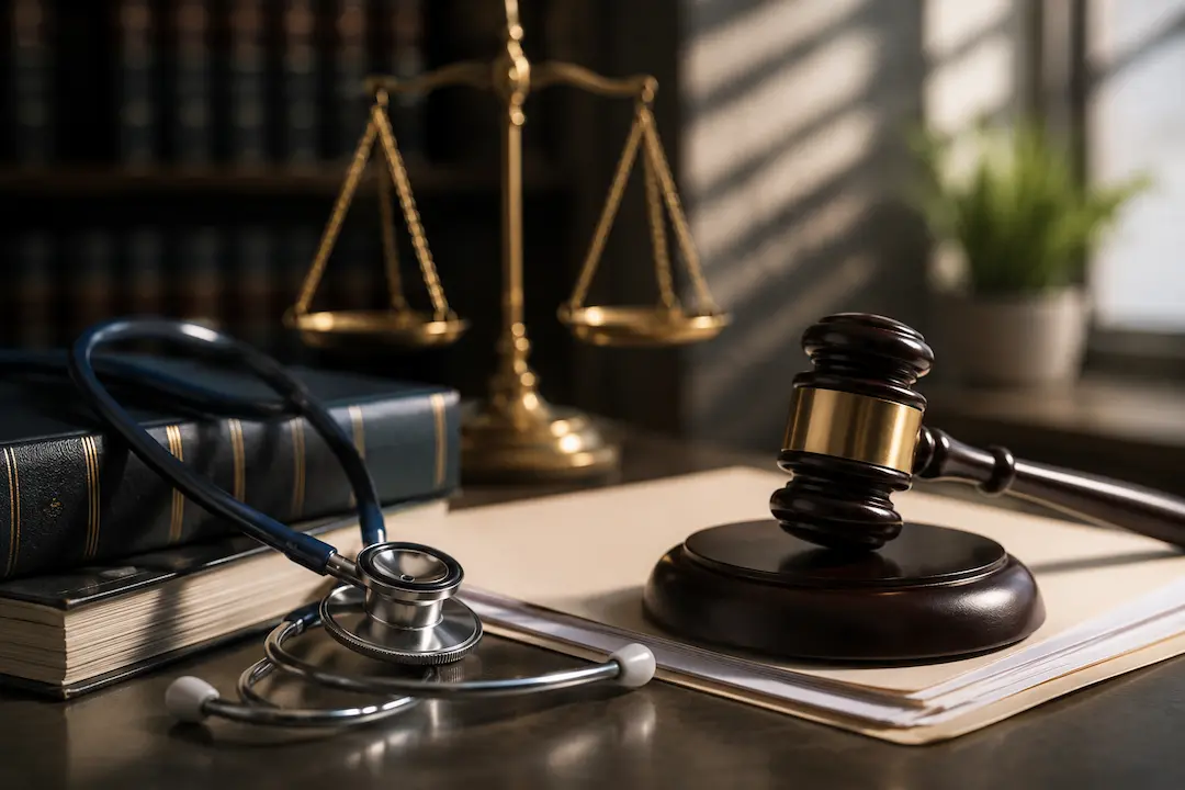 Judge's gavel, stethoscope, legal documents, and scales of justice representing medical malpractice lawyers and AI search visibility on ChatGPT and AI search.