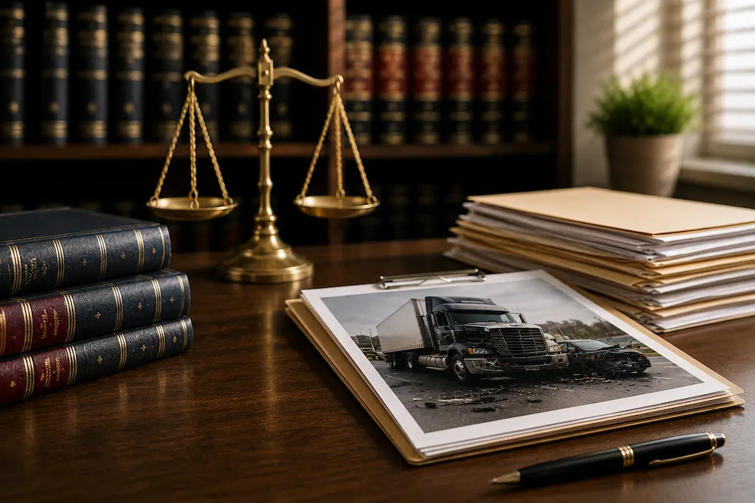 Truck accident case file, legal documents, and scales of justice representing truck accident lawyers and AI search visibility on ChatGPT, Google AI, and AI search.