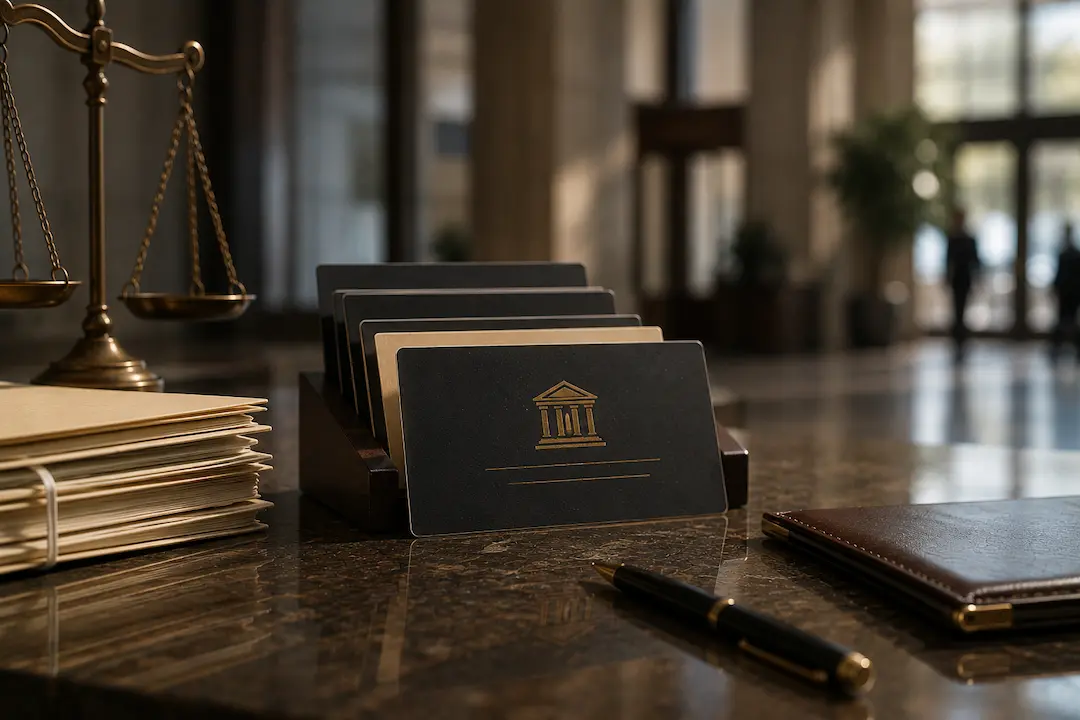 Law firm documents, legal office desk, and courthouse-themed business cards representing US law firms improving visibility on ChatGPT, Google AI, and AI search.