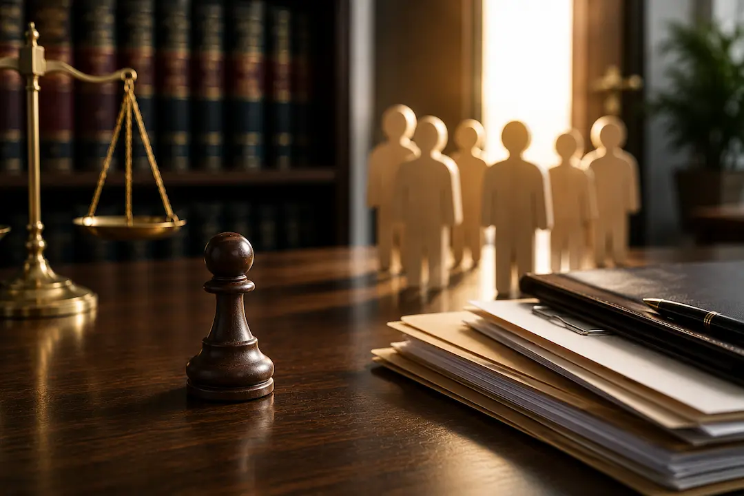 Legal office with case files, scales of justice, and client figures representing why law firms are losing leads to ChatGPT and AI search.
