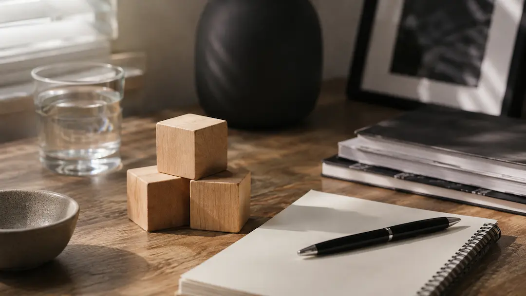 Wooden building blocks, notebook, and workspace representing AI-powered GEO tools and strategies for improving local SEO.