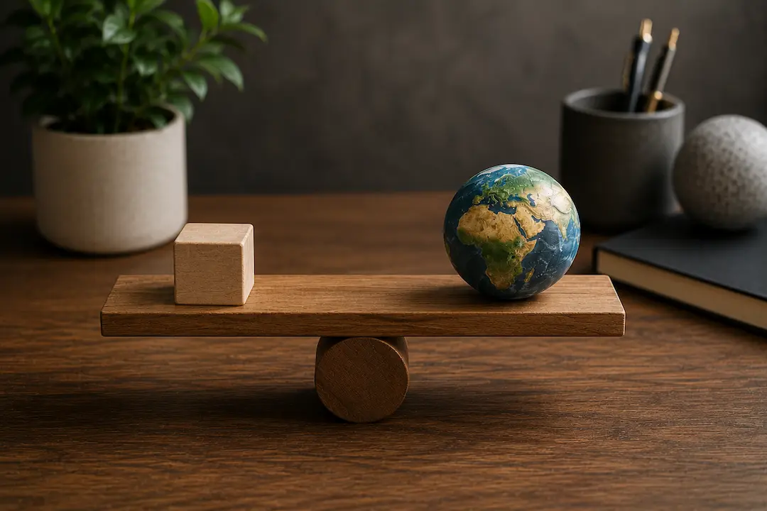 Wooden balance beam with a globe and wooden block representing the comparison between AEO and GEO in AI-driven search visibility.