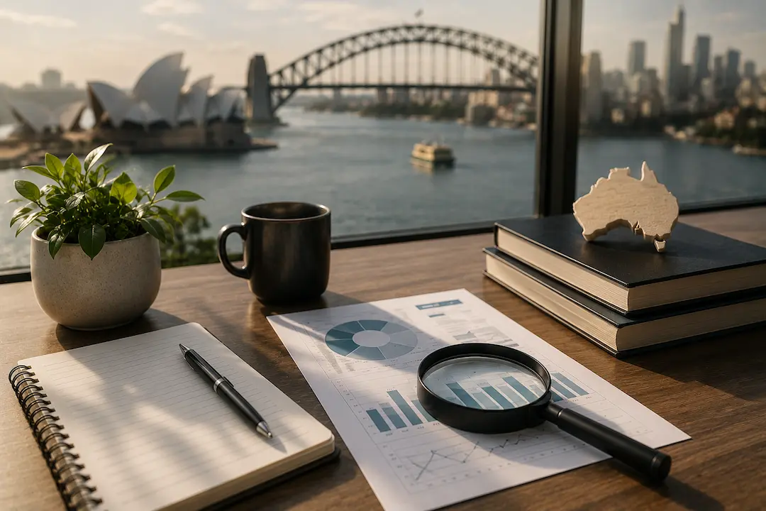 Desk overlooking Sydney Harbour with SEO reports, magnifying glass, and Australian map representing AI SEO for Australian businesses.