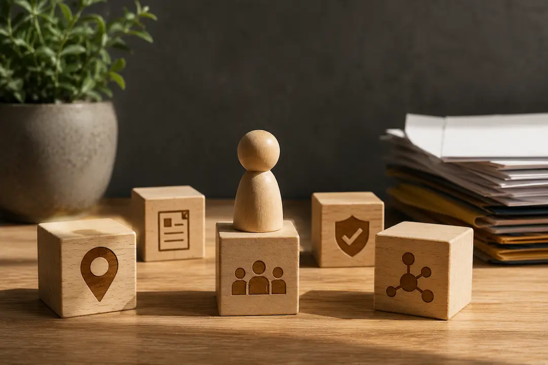Wooden blocks with entity, trust, location, and network symbols representing entity optimisation for building AI search trust.